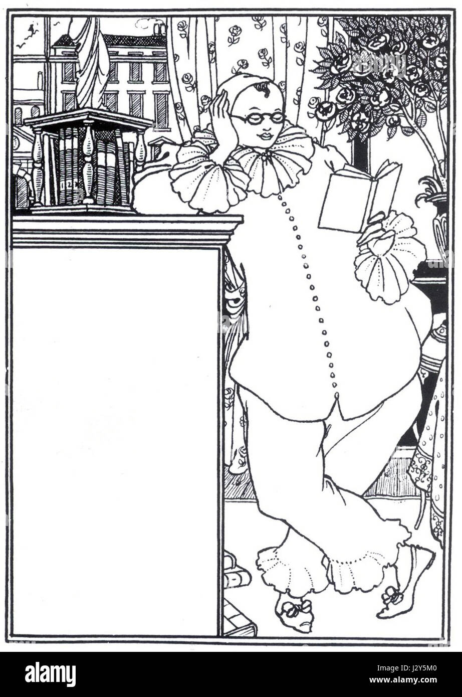 'Pierrot 2' est une illustration célèbre d'Aubrey Beardsley, connu pour son travail complexe et stylisé en noir et blanc L'illustration reflète la maîtrise de la ligne et de la composition de Beardsley en capturant le personnage de Pierrot, une figure classique de commedia dell'Arte. Banque D'Images