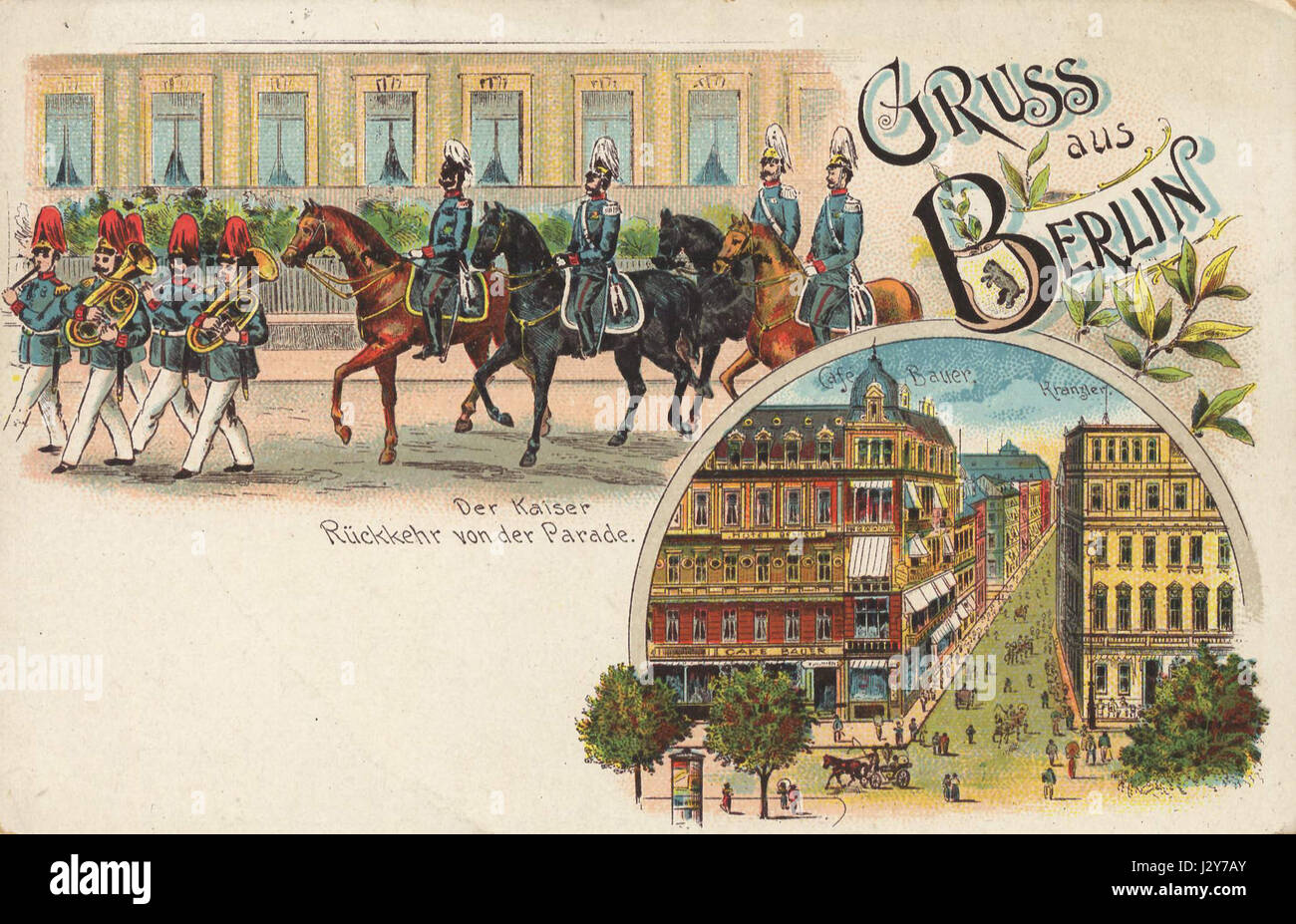 Carte postale du début du XXe siècle représentant Friedrichstraße à Berlin-Mitte, représentant le Kaiser Guillaume II revenant d'une parade, avec Café Bauer et Café des Westens visibles. Banque D'Images