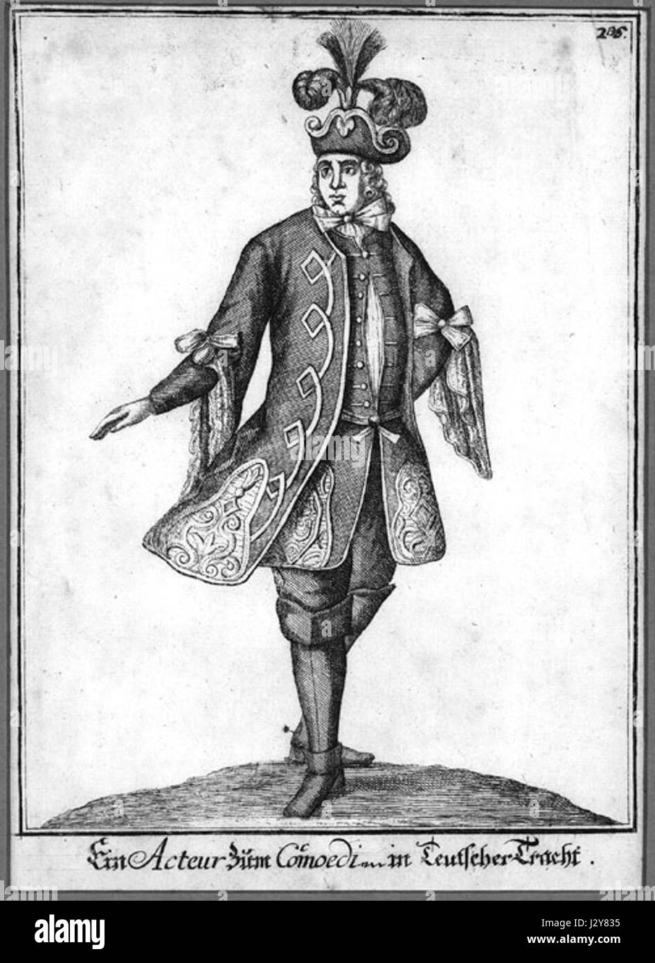 Acteur zum Comoedi dans Teutscher Tracht se traduit par « acteur en costume allemand », se référant à une représentation théâtrale ou à la représentation d'un acteur portant une tenue traditionnelle allemande. L'image représente les traditions théâtrales allemandes et la signification culturelle du costume dans les représentations théâtrales. Banque D'Images