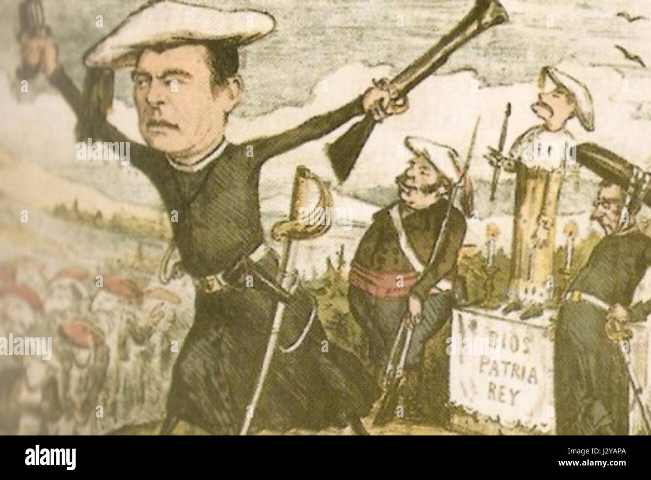 Caricatura del Carlismo est une œuvre d'art satirique reflétant le climat politique de l'Espagne pendant les guerres carlistes. Il critique le mouvement carliste à travers des représentations exagérées et humoristiques de ses figures. Banque D'Images