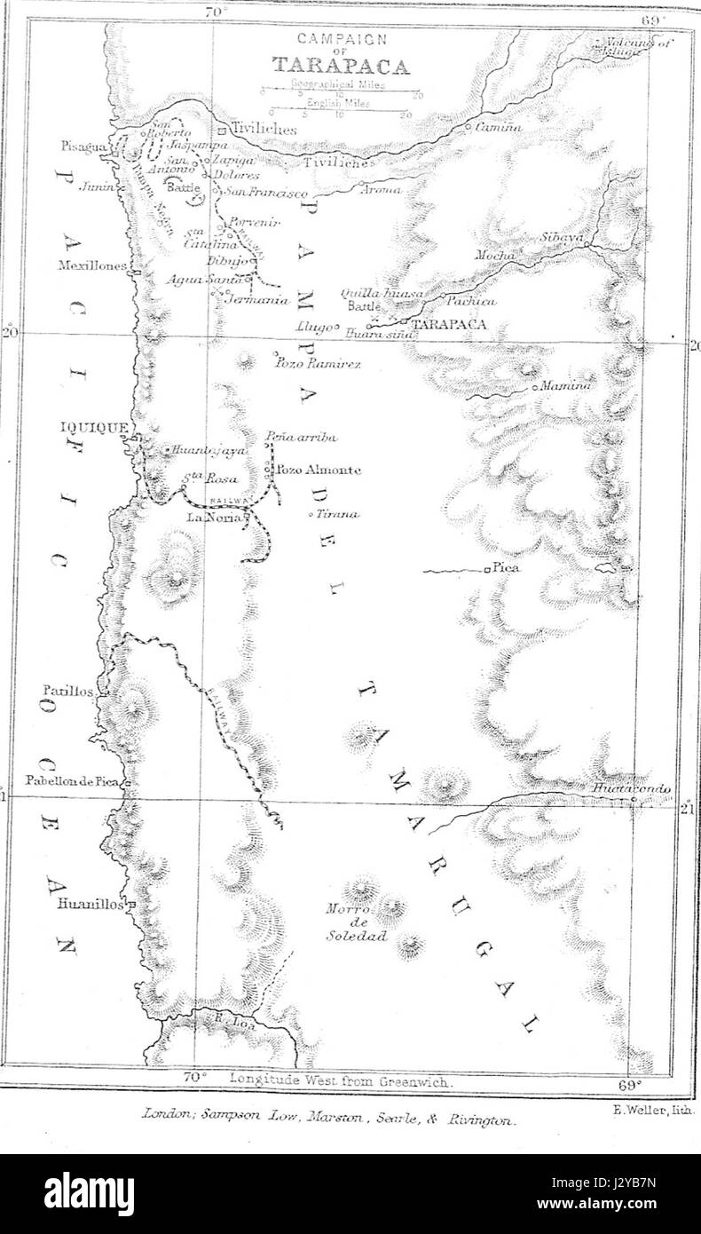 La campagne de Tarapaca est un conflit militaire qui a eu lieu dans les années 1880 pendant la guerre du Pacifique. Elle impliquait des forces chiliennes et péruviennes qui luttaient pour le contrôle de la région de Tarapaca, riche en ressources. Banque D'Images