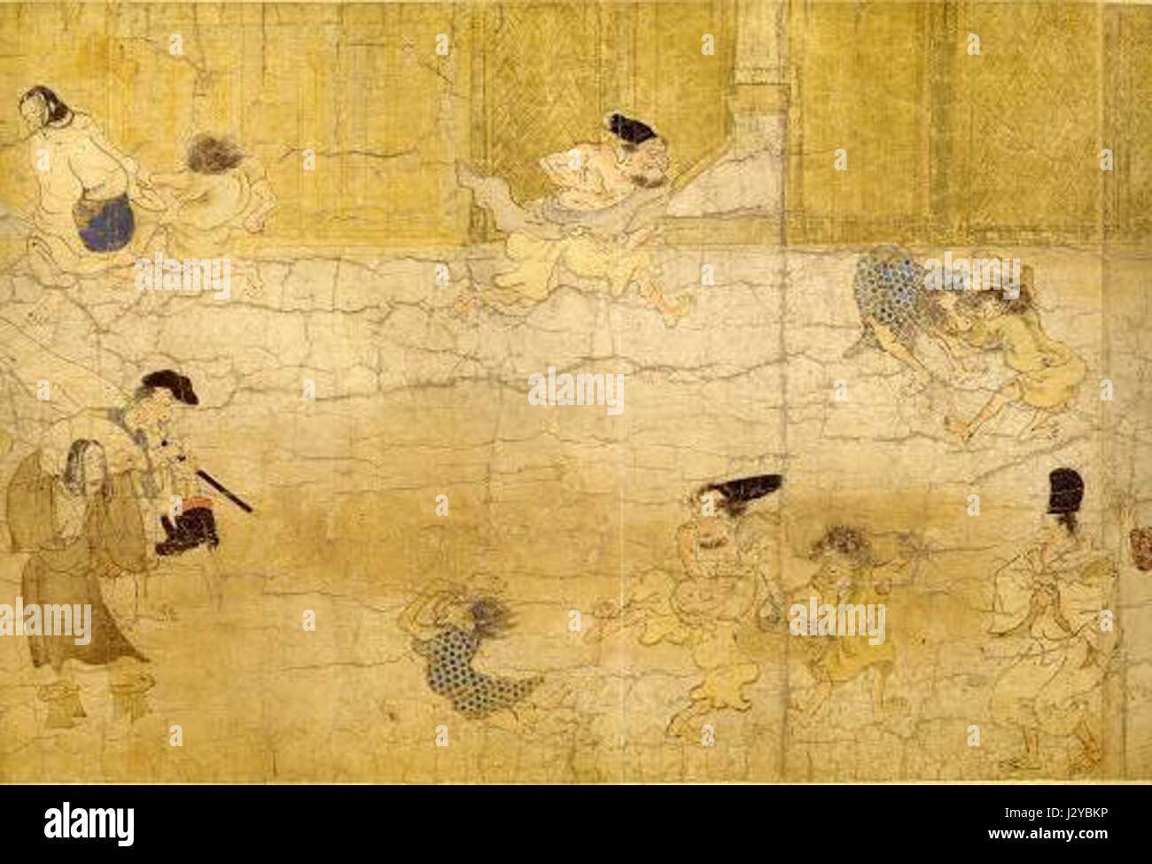 Ban Dainagon Ekotoba est une peinture narrative japonaise représentant une scène de jeu d'enfants ou une bataille fictive. Cette œuvre d'art capture un moment traditionnel de la culture japonaise, probablement de l'époque Edo, offrant un aperçu de l'art et des pratiques de narration de l'époque. Banque D'Images