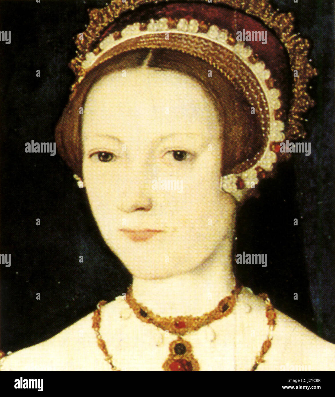 Ce portrait de Catherine Parr, attribué à Maître John, représente la dernière épouse d'Henry VIII il est significatif pour son rôle de Parrâ dans la monarchie anglaise et son influence pendant la période Tudor. Banque D'Images