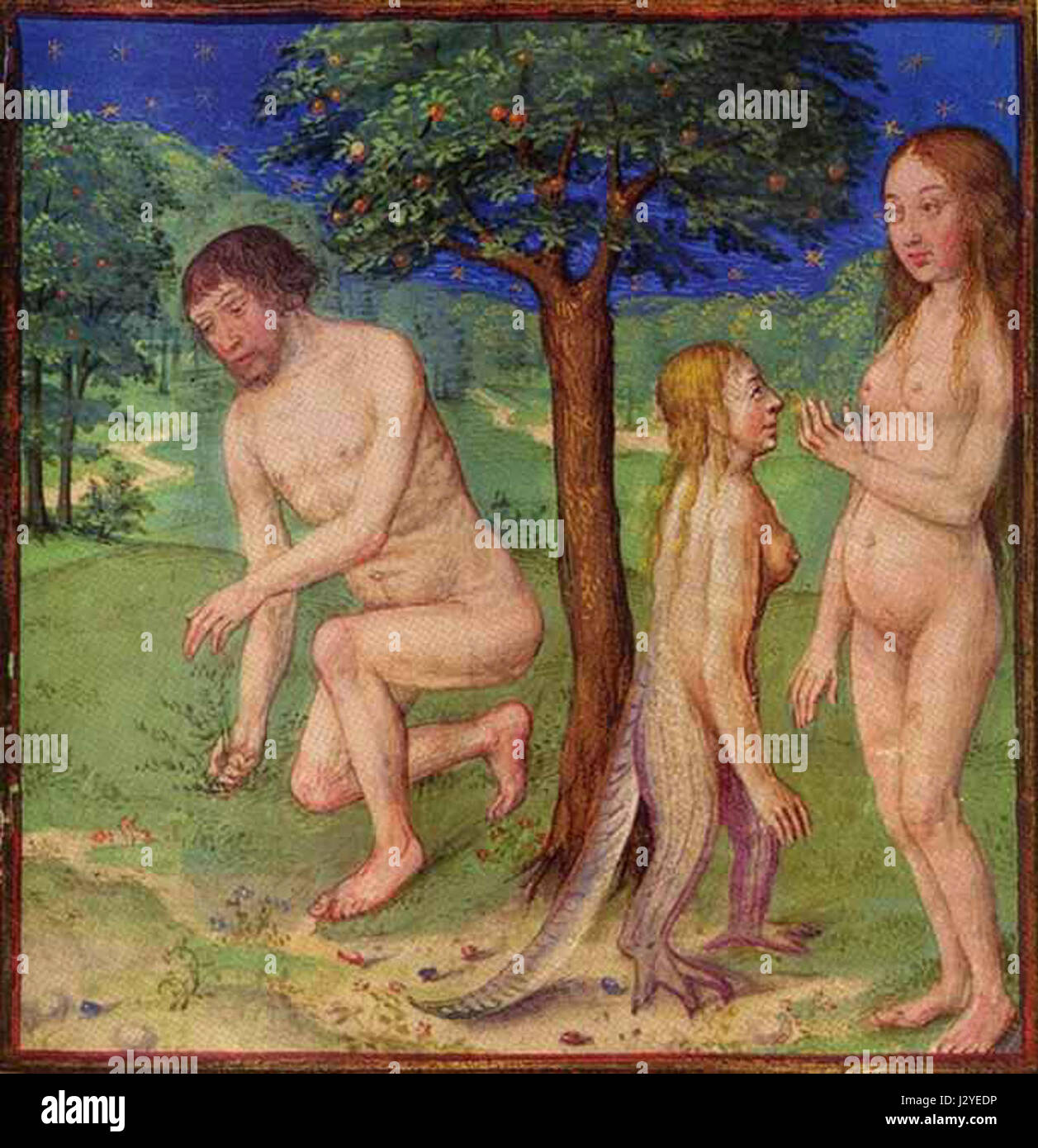 Adam et Ève sont des figures centrales des traditions religieuses abrahamiques, représentant les premiers êtres humains dans les systèmes de croyances judéo-chrétiennes. Leur histoire est fondamentale dans la théologie et les textes religieux. Banque D'Images