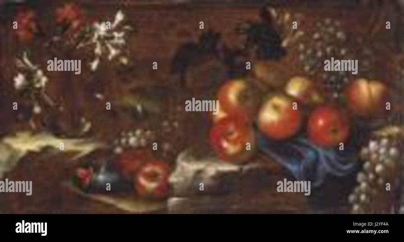 Une nature morte de Tommaso Aldrovandini, avec des pommes, des raisins et des fleurs, reflète le style baroque italien du XVIIe siècle. Le travail d'Aldrovandini illustre la maîtrise de la lumière, de la texture et de la composition dans la peinture de natures mortes. Banque D'Images
