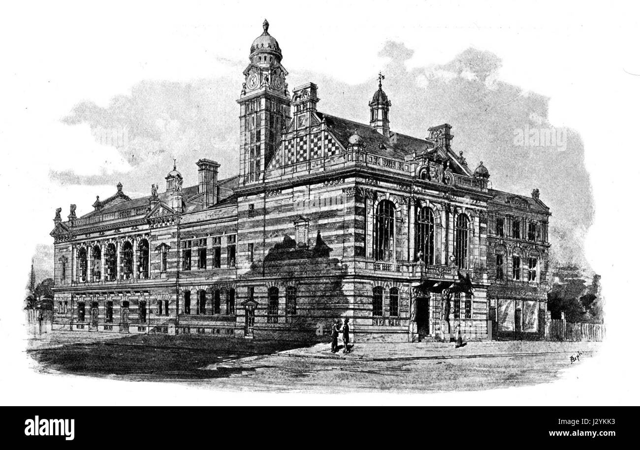 La conception acceptée en 1895 pour l'hôtel de ville de Rotherhithe par Murray et Foster présente une vision architecturale vue depuis la rue Neptune et Lower Road. La conception représente le style de la fin du XIXe siècle avec un accent sur l'architecture civique et l'urbanisme. Banque D'Images
