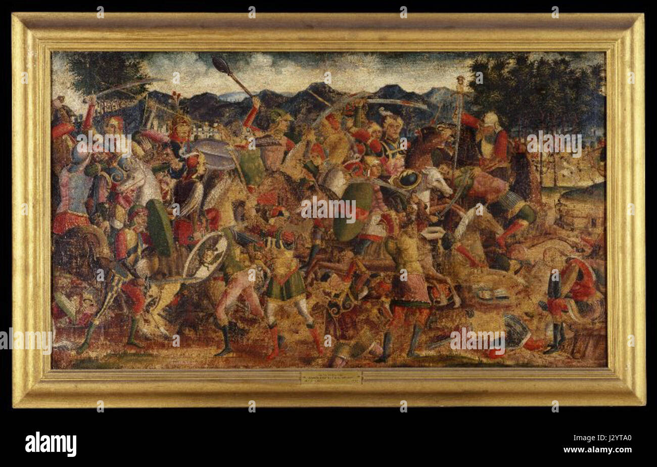 Le tableau 'A Battle Scene' d'un artiste inconnu de l'école d'Italie du Nord représente un conflit militaire dramatique. Cette œuvre fait partie de la collection du Brooklyn Museum, représentant les traditions historiques et artistiques de l'Italie du Nord à l'époque de sa création. Banque D'Images