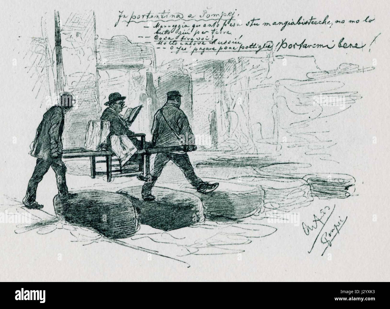 Allers-Pompei Portantina fait référence à une scène historique ou une œuvre d'art représentant la méthode traditionnelle de transport des individus dans une chaise de berline, connue sous le nom de portantina, à Pompéi. Cela reflète les méthodes de transport de l'époque romaine et la hiérarchie sociale de la Rome antique. Banque D'Images