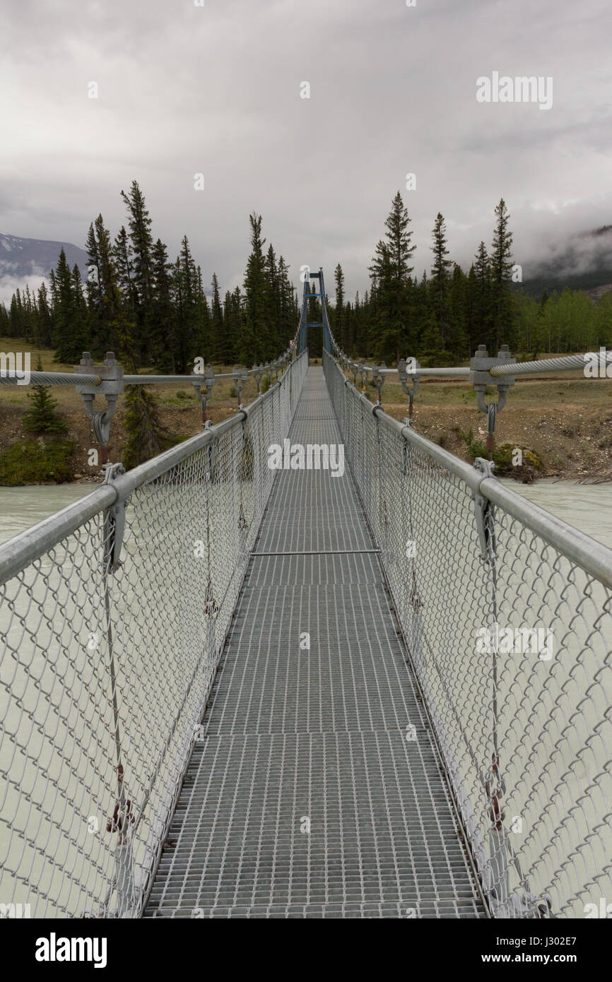 Un pont suspendu enjambant la rivière Saskatchewan Nord, dans la région sauvage de Siffleur, l'Alberta, Canada. Banque D'Images
