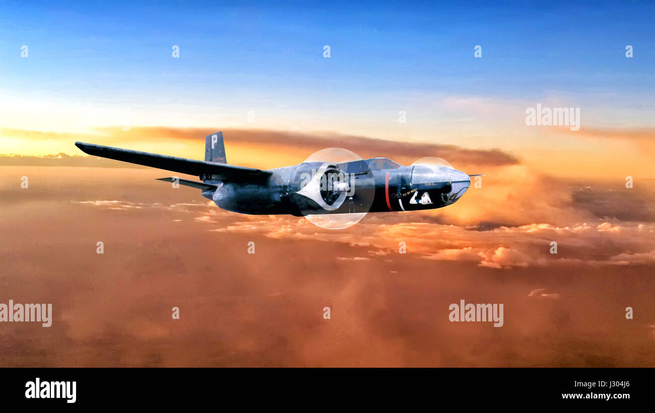 B-26 restauré sur une soirée composite sky over Alberquerque, Nouveau Mexique Banque D'Images
