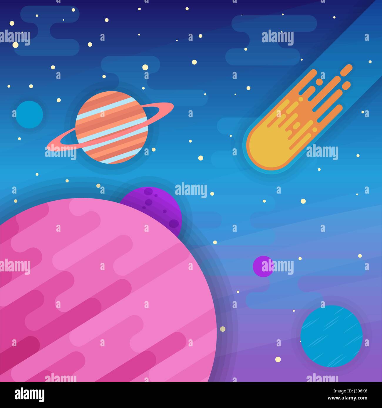 Les éléments d'espace - planètes, bagues, comète, étoiles de style plat Illustration de Vecteur
