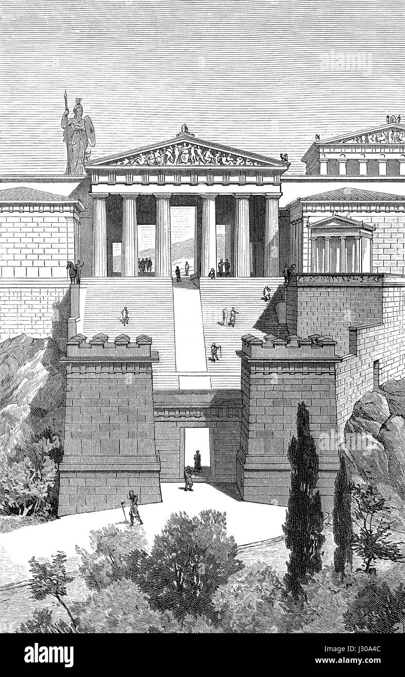 Reconstruction de la des propylées, l'entrée de l'Acropole à Athènes, Grèce, 5e siècle avant J.-C., Banque D'Images