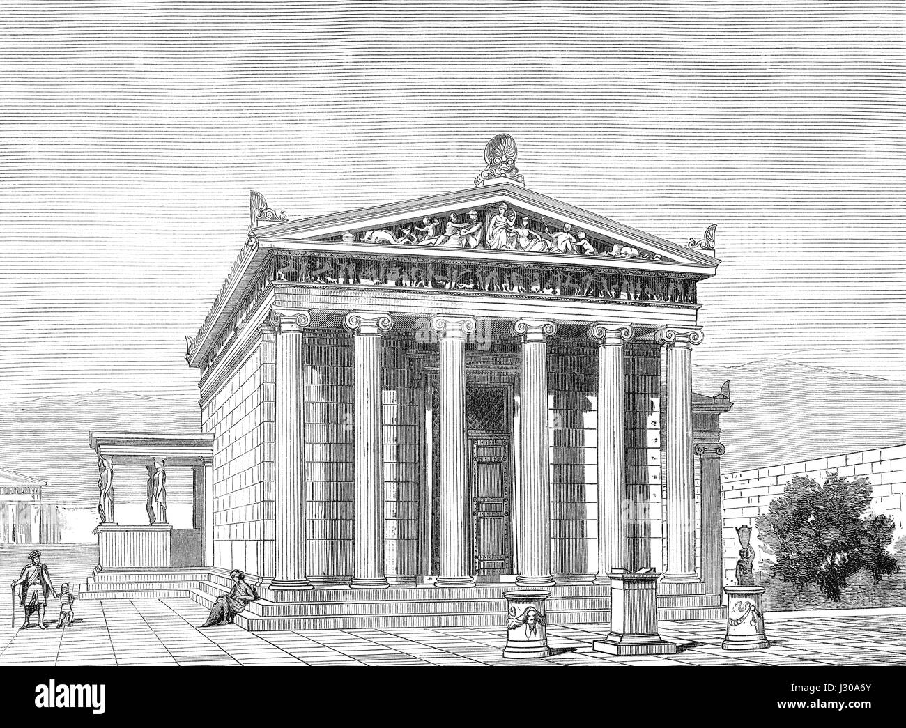 La reconstruction de l'Erechtheion ou Erechtheum, un ancien temple grec sur le côté nord de l'acropole d'Athènes en Grèce, 5e siècle avant J.-C. Banque D'Images