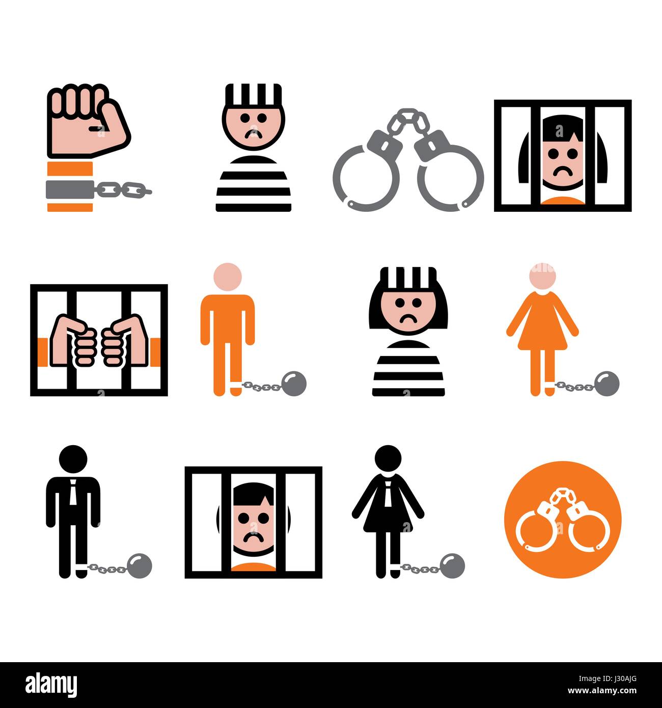 Prisonnier, le crime, l'esclavage vector icons set Illustration de Vecteur
