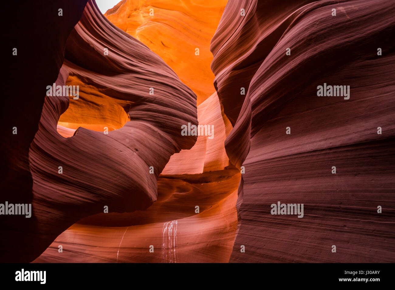 Des formations de grès étonnantes dans célèbre Antelope Canyon sur une journée ensoleillée avec ciel bleu près de la vieille ville de la page au lac Powell, Arizona, États-Unis Banque D'Images