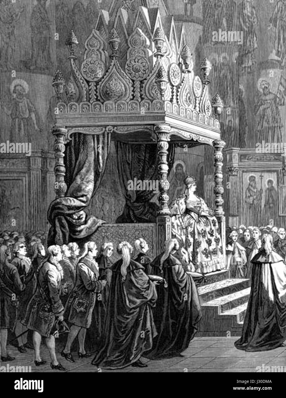 Le couronnement de Catherine II, impératrice de Russie, marquant le début de son règne en 1762 et son impact significatif sur l'histoire et la gouvernance russes. Banque D'Images