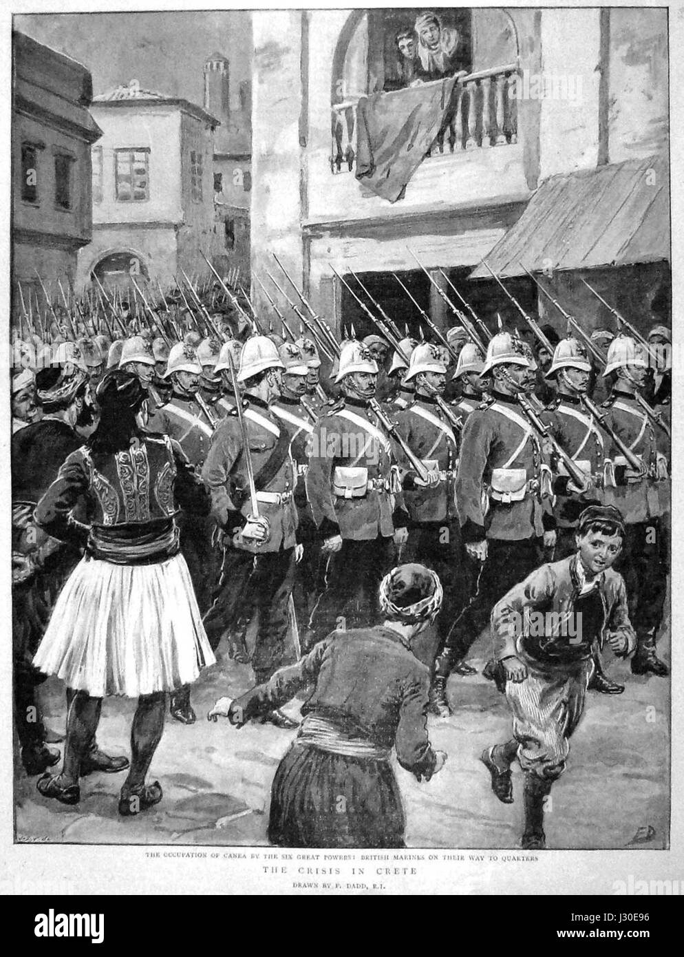 En 1897, des Marines britanniques sont stationnés à la Canée, en Crète, dans le cadre de l'intervention internationale après la révolte crétoise. Cet événement faisait partie du conflit plus large dans l'Empire ottoman et marquait l'implication militaire britannique dans la région. Banque D'Images