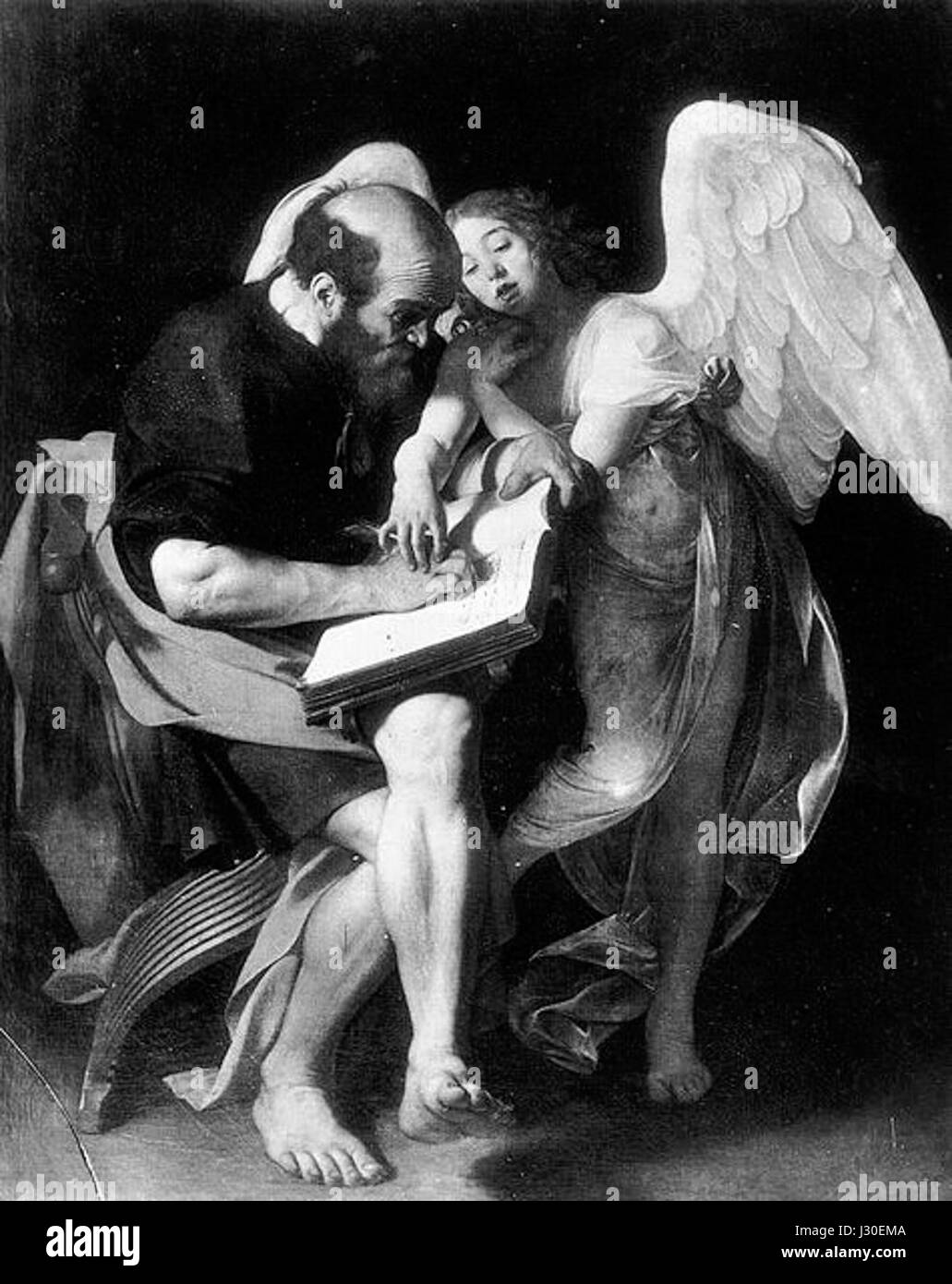 Le tableau 'Saint Matthieu et l'Ange' du Caravage représente la scène biblique de Saint Matthieu guidé par un ange. Connu pour son utilisation dramatique de la lumière et de l'ombre, le travail de Caravage reflète sa maîtrise du baroque compris Banque D'Images