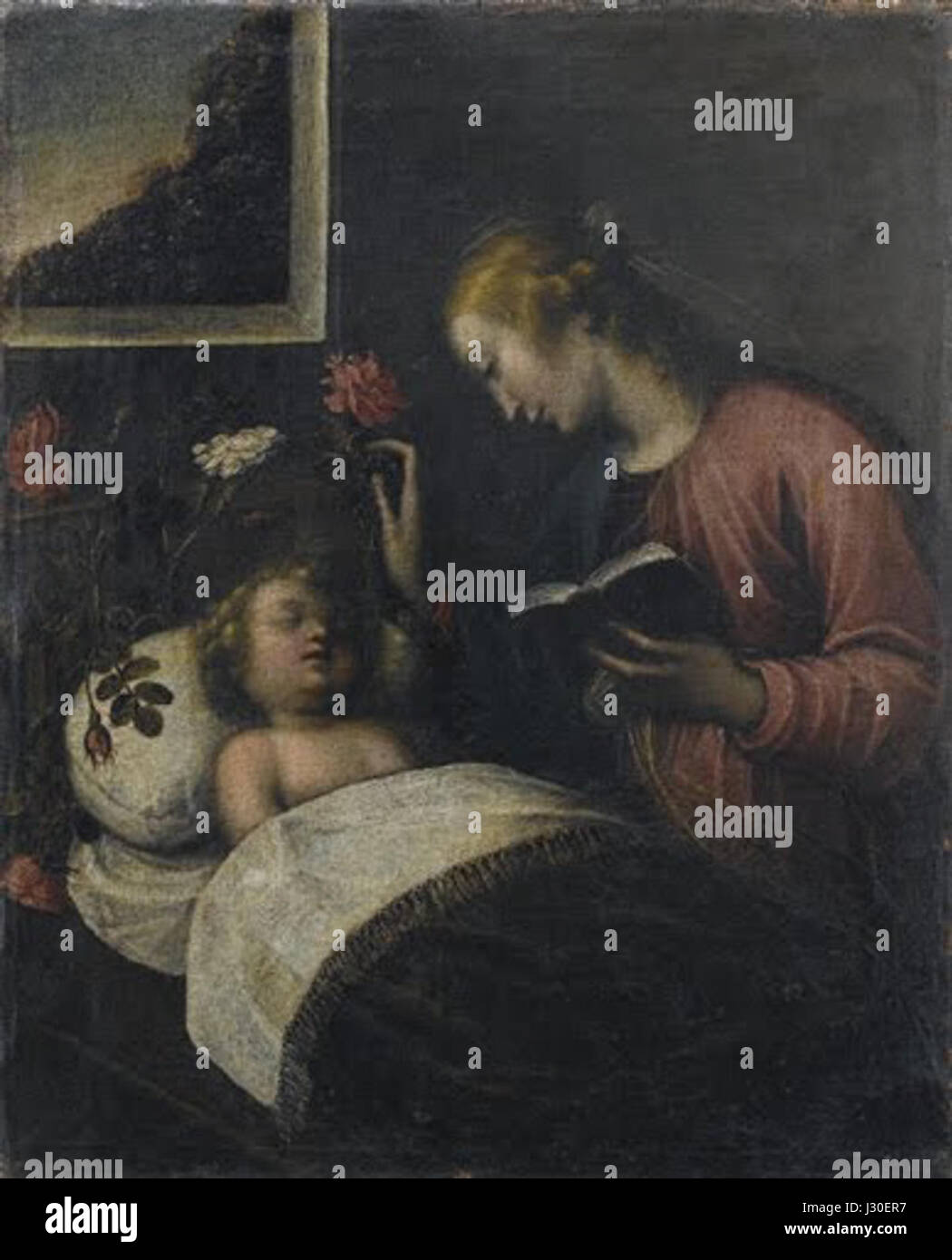 Le tableau 'Caccia-ursula-orsola-magdelena-madonna-col-bambino-1682' représente la Vierge à l'enfant, avec des détails complexes caractéristiques du baroque multiples L'utilisation de la lumière et de la couleur par artistâ€ ™ fait ressortir la profondeur émotionnelle des figures saintes. Banque D'Images