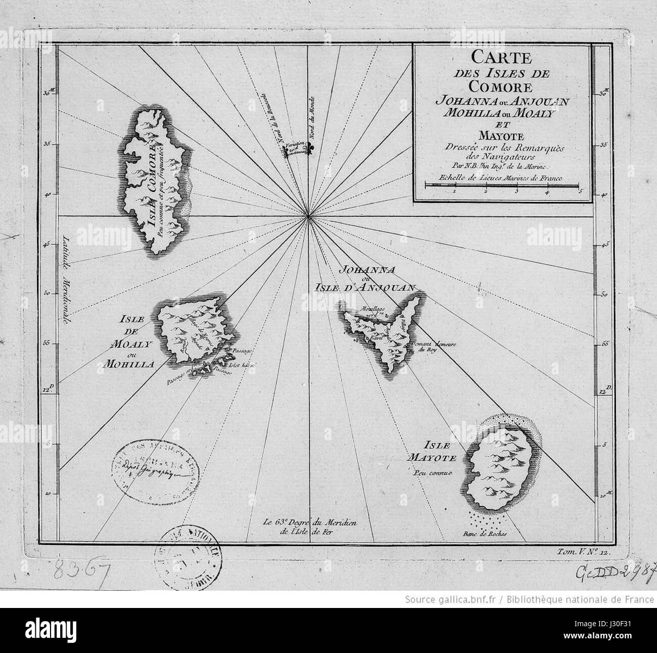 Cette carte du XVIIIe siècle, « carte des Isles de Comore », illustre les îles Comores, y compris Johanna, Anjouan, Mohilla et Mayotte. La carte est un document historique important dans l'étude de la géographie de cette regionâ. Banque D'Images