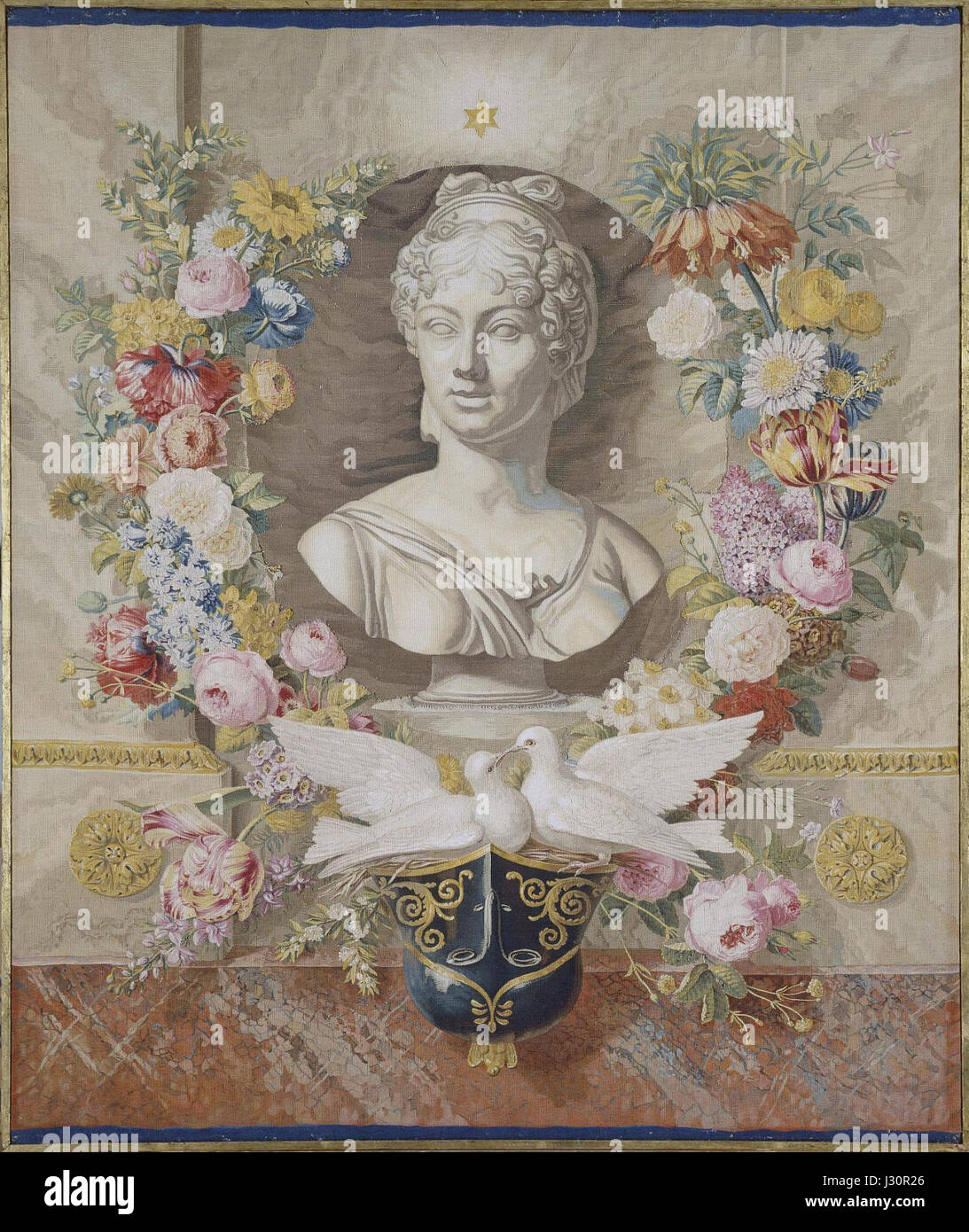 Il s'agit d'une tapisserie ou gobelin de 1815 représentant Alexandre Ier, l'empereur russe. Les tapisseries de cette époque représentaient souvent des personnages historiques importants dans des styles artistiques complexes. Banque D'Images