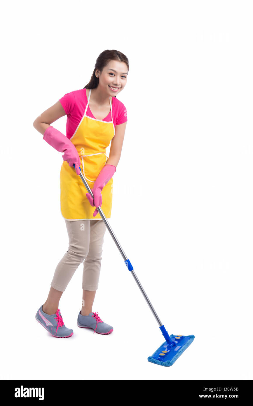 Portrait de jeune femme au foyer asiatique Cleaning rdp en pleine longueur Banque D'Images