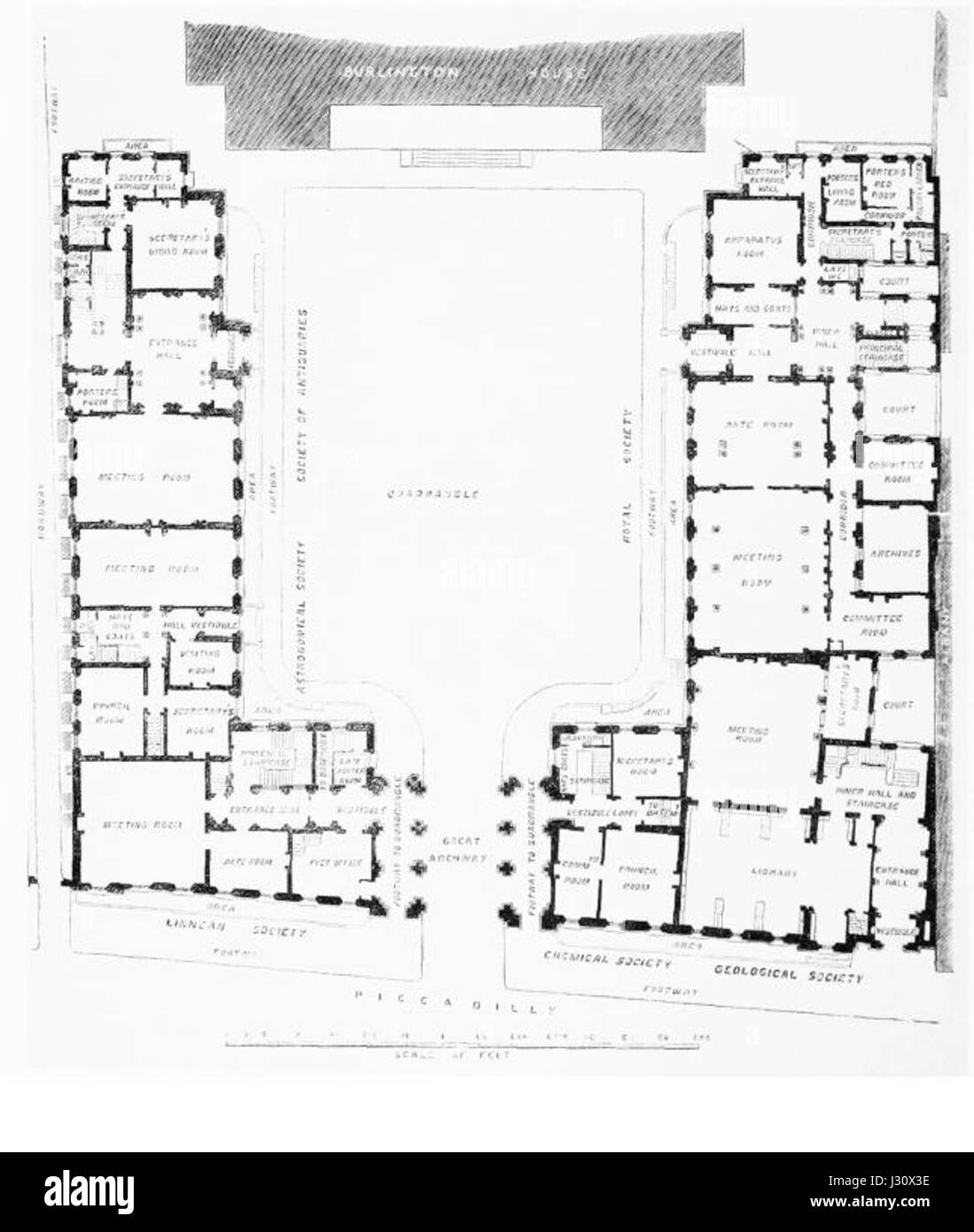 Burlington House - Sociétés savantes chambres rez-de-chaussée plan daté de 1871 Banque D'Images