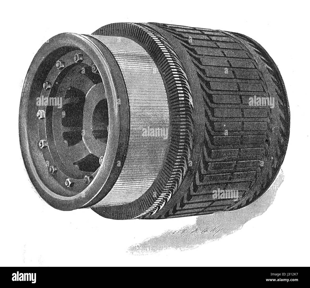 Il s'agit d'une description technique de l'armature du générateur Johnson-Lundell, comme détaillé dans *installations électriques, vol II* par Rankin Kennedy, 1909. Le générateur était un composant important dans les débuts de l'ingénierie électrique. Banque D'Images