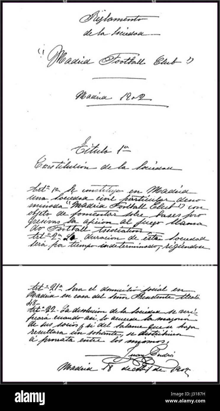L'Acta Fundacional du Real Madrid, fondé en 1902, est un document historique marquant la création de l'un des clubs de football les plus célèbres du worldâ€™s. Banque D'Images
