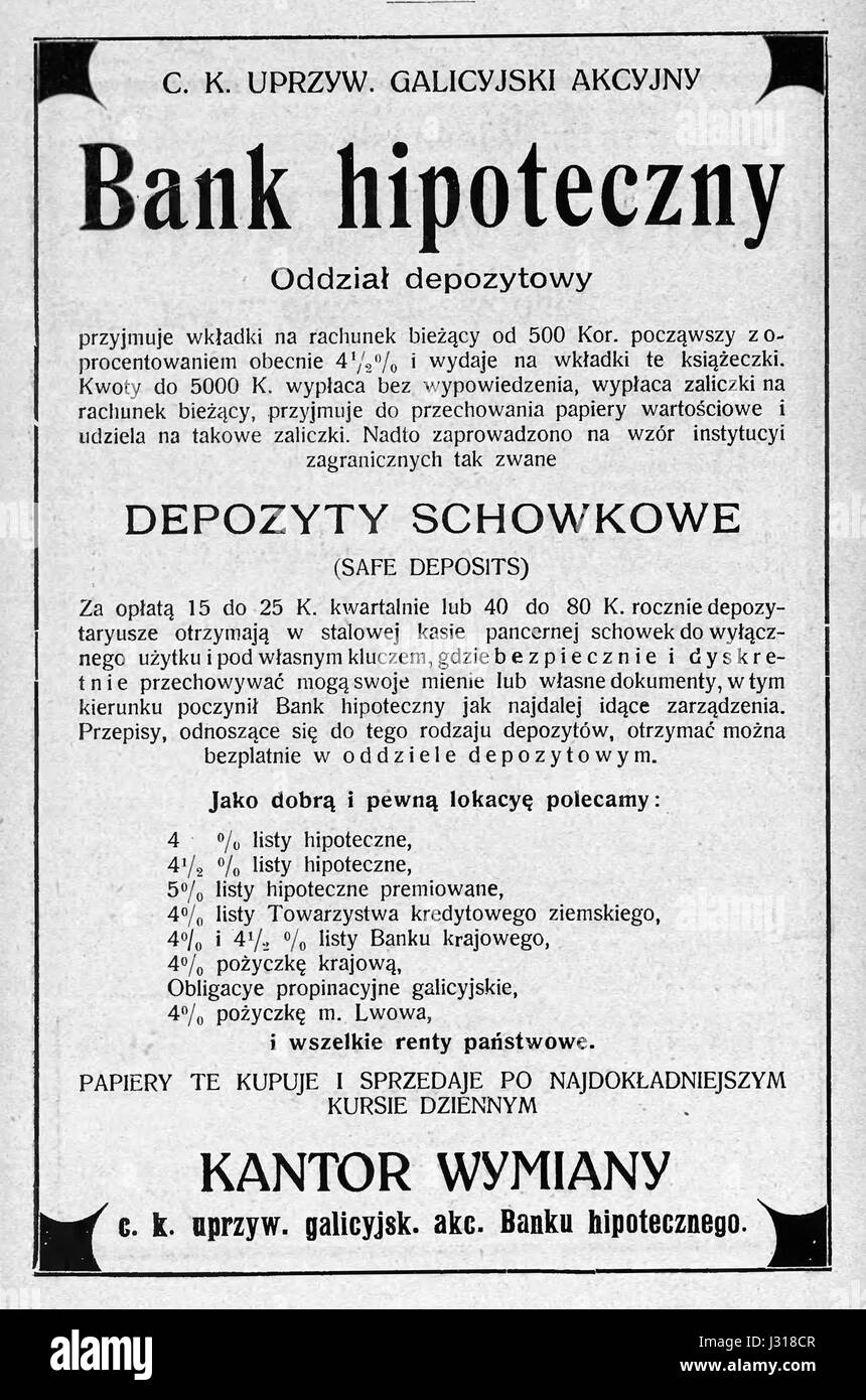 Une publicité pour une banque hipoteczny, ou banque hypothécaire, présentant les services et les produits financiers offerts. L'annonce reflète le développement de la banque dans la région au cours de son époque. Banque D'Images