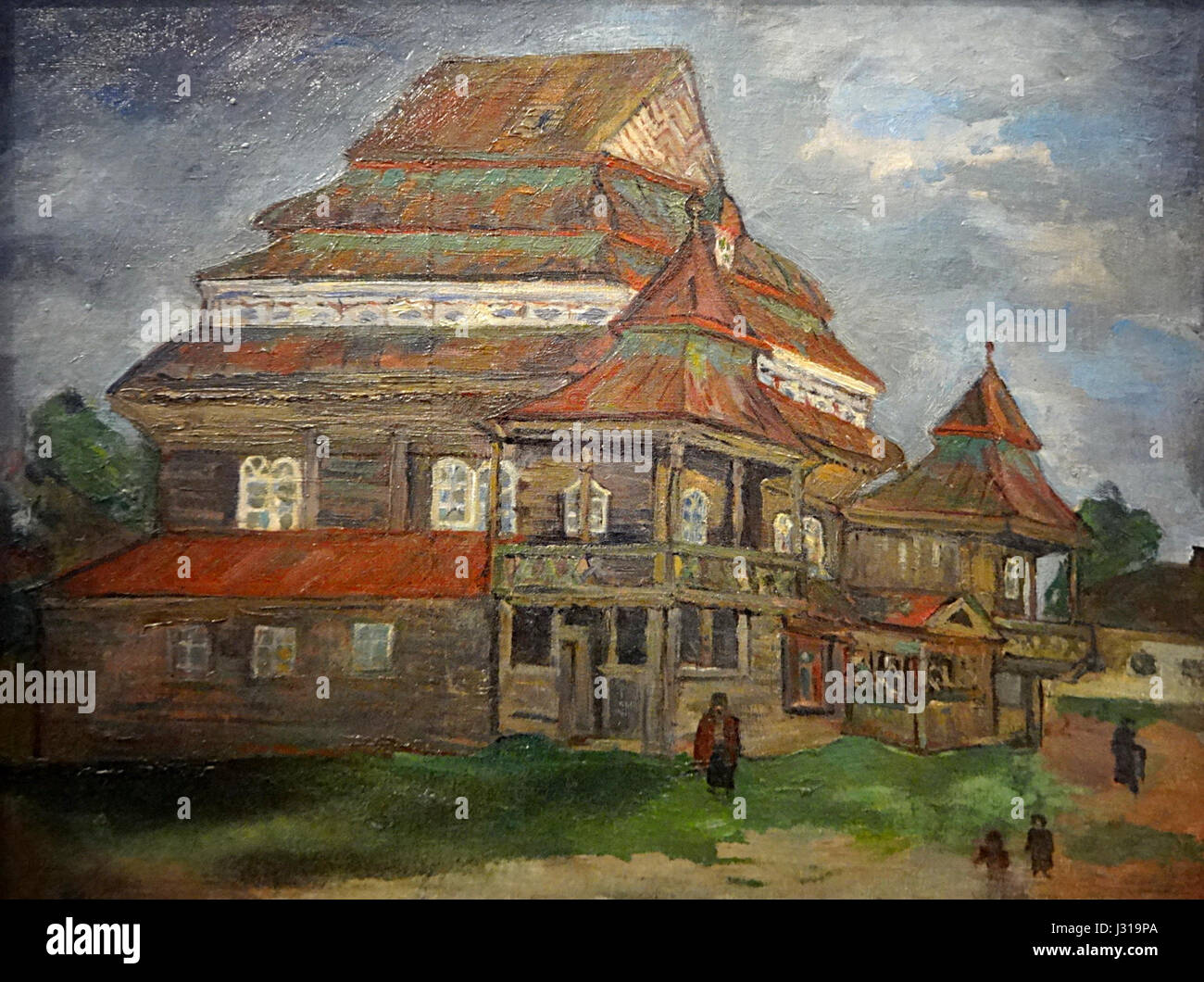 L'œuvre 'Sinagoga u Narouli' d'Aron Kascialianski, créée vers 1927, représente une synagogue dans la région de Narouli. La peinture met en valeur les détails architecturaux de la synagogue, capturant l'importance culturelle et religieuse des communautés juives dans la région au début du XXe siècle. Banque D'Images