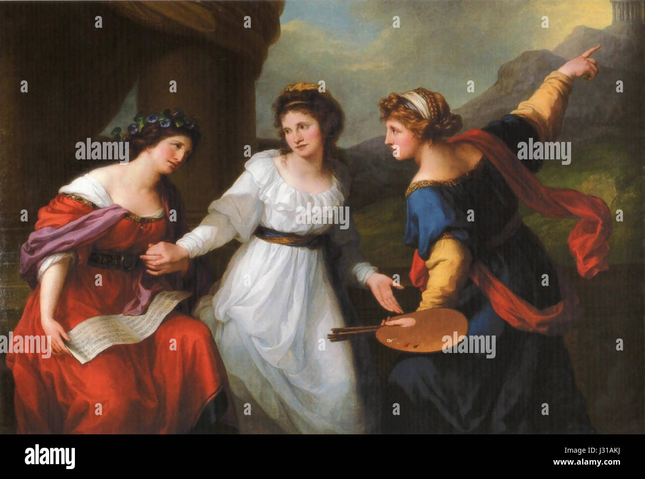 Cet autoportrait d’Angelica Kauffman met en valeur sa contemplation entre la musique et la peinture, reflétant son double intérêt pour les deux formes d’art au cours de sa carrière. Kauffman était connue pour sa maîtrise du portrait et de la peinture d'histoire, et ce travail met en évidence sa lutte personnelle et sa polyvalence artistique. Banque D'Images