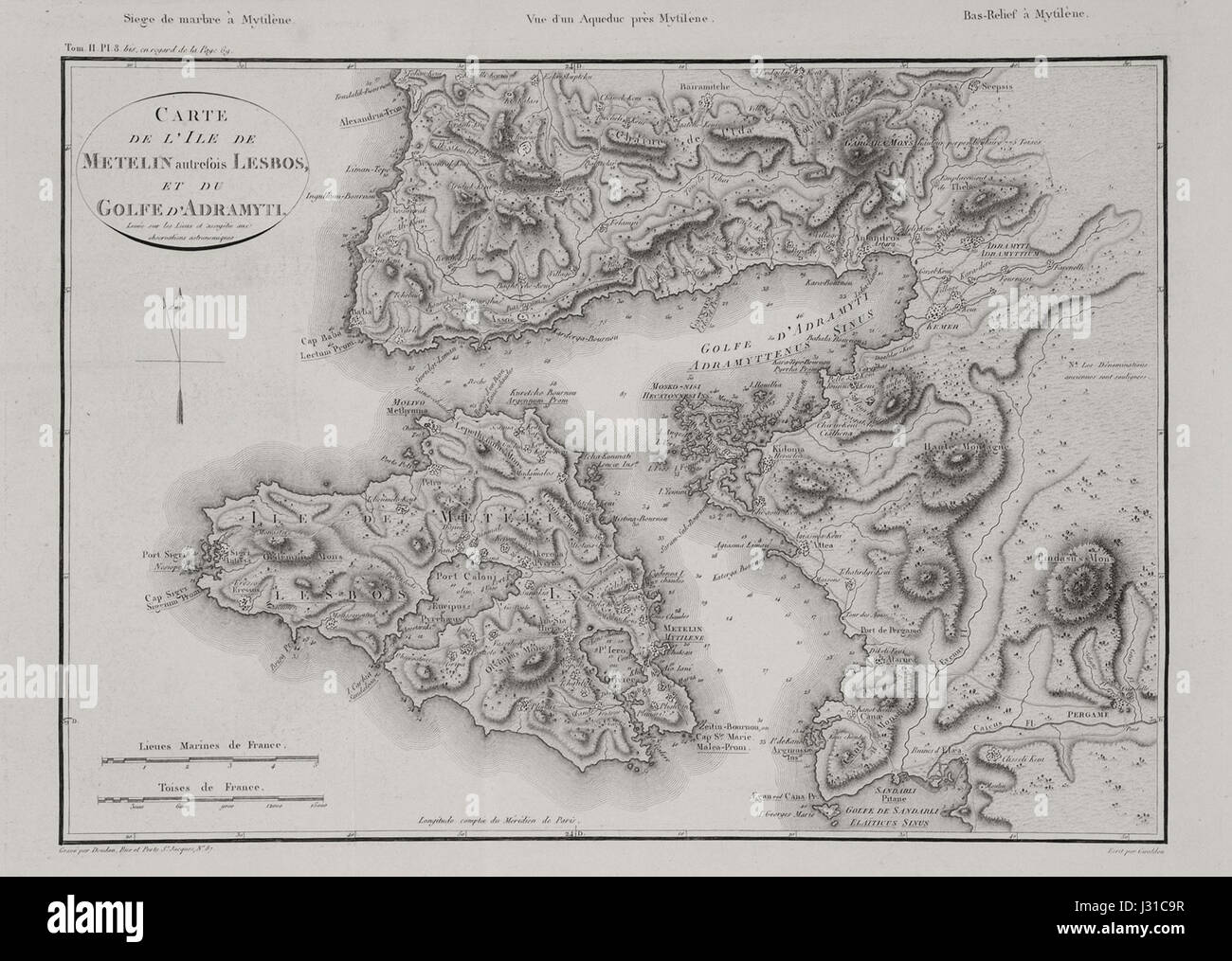 Carte de l'ile de Metelin autrefois Lesbos, et du golfe d'Adramyti - Choiseul-gouffier Gabriel Florent Auguste De - 1809 Banque D'Images