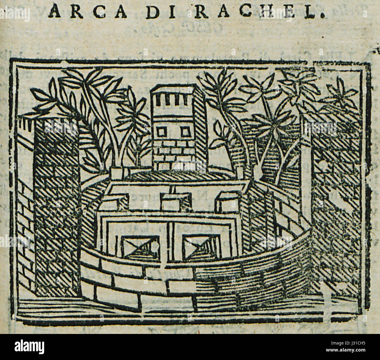 L'Arca di Rachel - Bianco Noe est une œuvre d'art historique représentant l'Arche de Rachel et Noé dans un contexte biblique, créée en l'an 1600. Cette œuvre mêle des thèmes religieux aux traditions artistiques historiques de l’époque. Banque D'Images