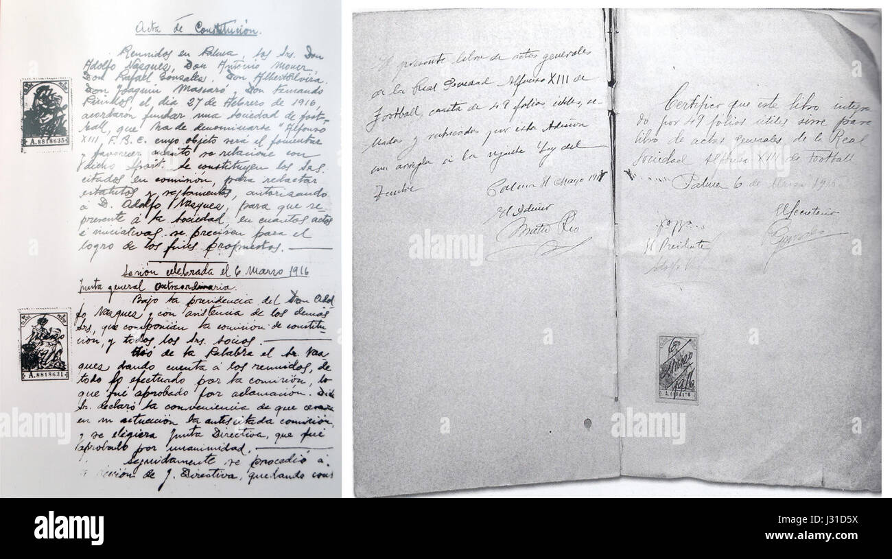 Les documents fondateurs (Acta fundacional) du RCD Mallorca, détaillant la création et les débuts de l'histoire du club de football espagnol. Banque D'Images