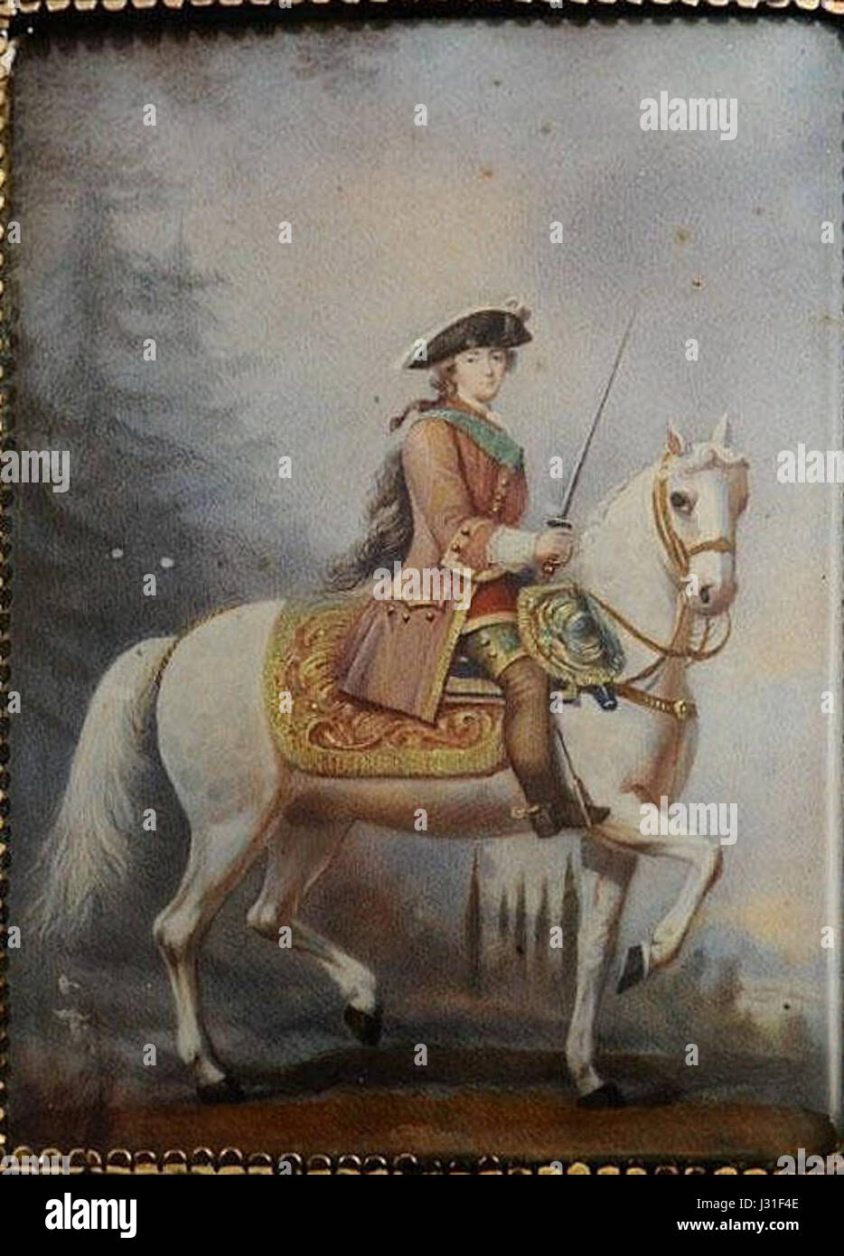 Cette œuvre représente l'impératrice Catherine II de Russie à cheval, d'après une représentation d'Eriksen. Catherine la Grande est connue pour son leadership en Russie et son rôle dans l'expansion de l'empire. Le portrait reflète son image de souveraine puissante et éclairée de l'Empire russe. Banque D'Images