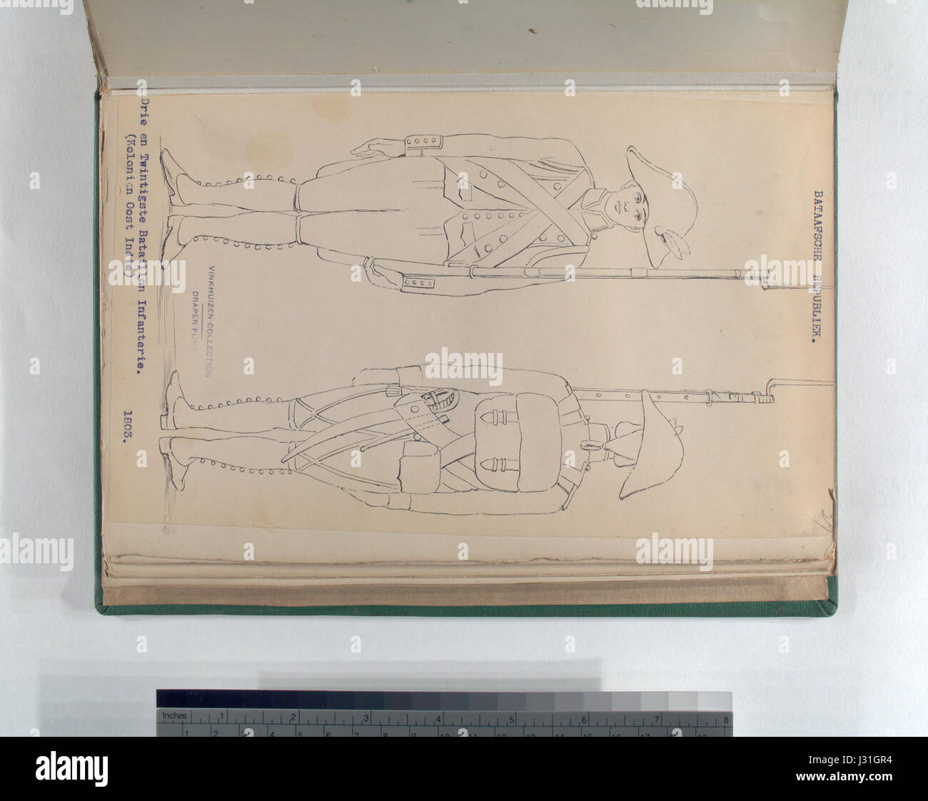 Ce document historique fait référence au 23e bataillon d'infanterie de la République batave, qui fait partie des colonies des Indes orientales. Il fournit un compte rendu détaillé du rôle et de l'importance du bataillon à l'époque coloniale, mettant en évidence l'histoire militaire et les forces coloniales. Banque D'Images
