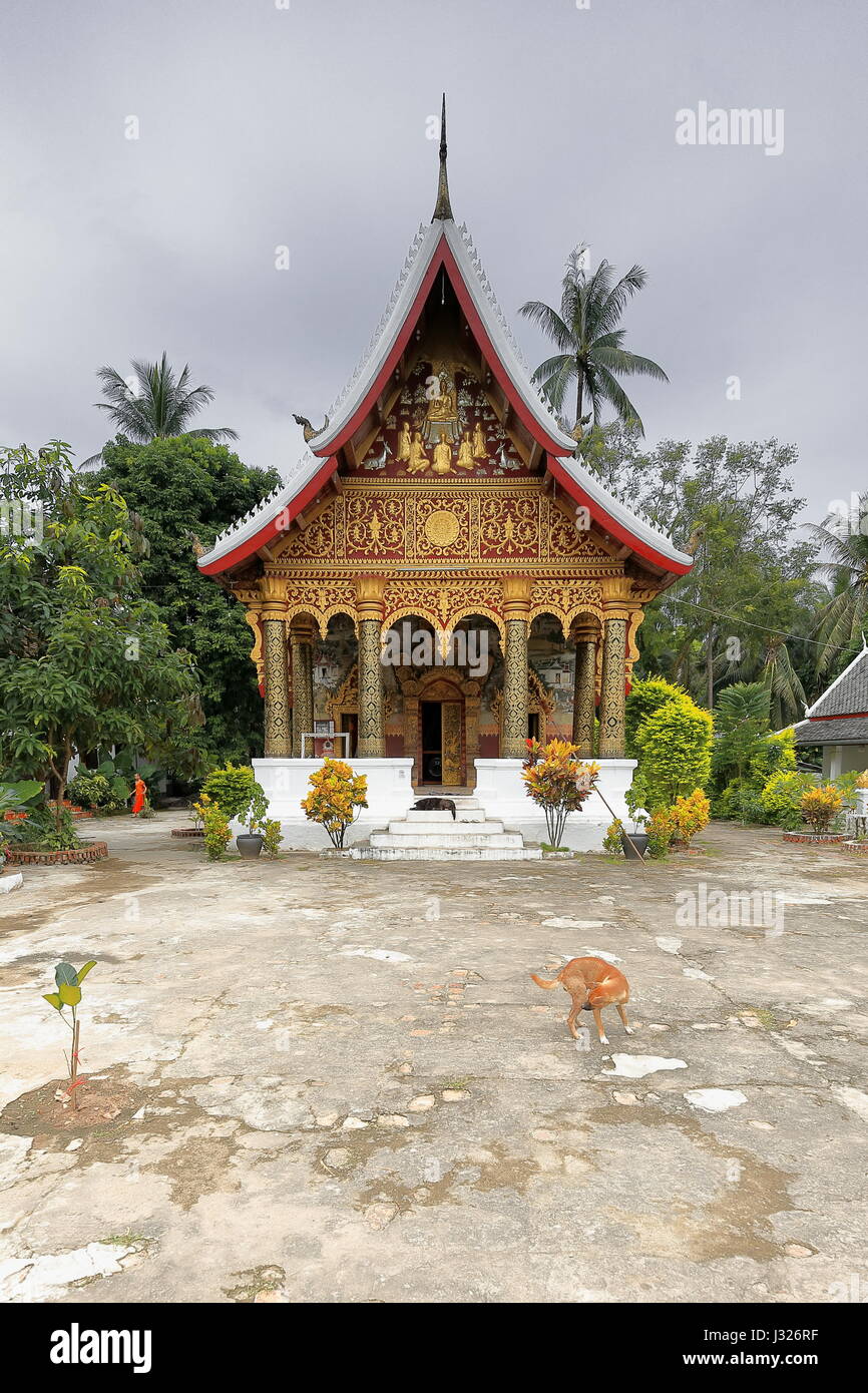 Stoop avant de sim-viharn-montage-congrégation hall d'Phai-Bamboo monastère Wat Pa Forêt richement décoré de peintures murales dans le style Thai-Lao représentant Banque D'Images