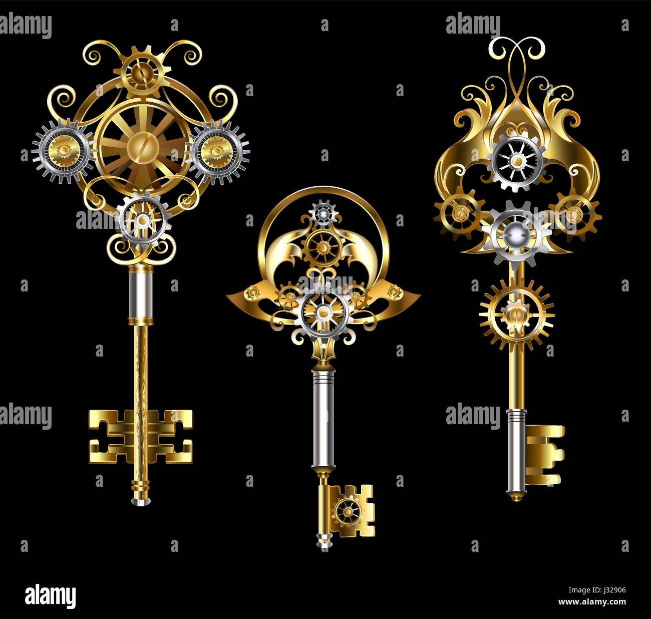 Trois clés avec des engrenages de l'or, de bronze et d'acier sur fond noir. Style Steampunk. Les clés d'or de bijoux. Illustration de Vecteur