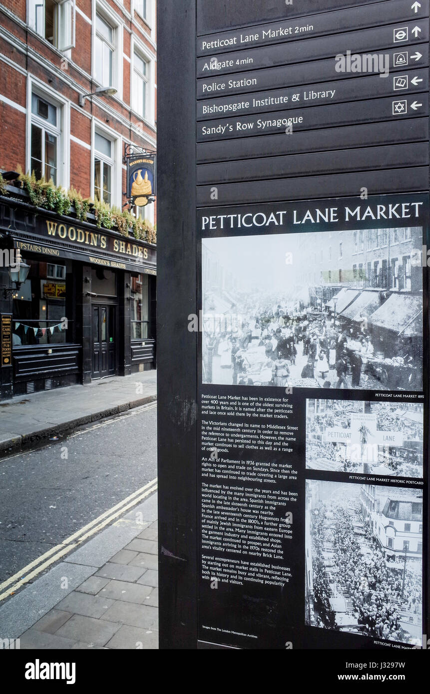 Un point d'information et de l'histoire signe pour le célèbre marché Petticoat Lane dans l'East End londonien. Banque D'Images