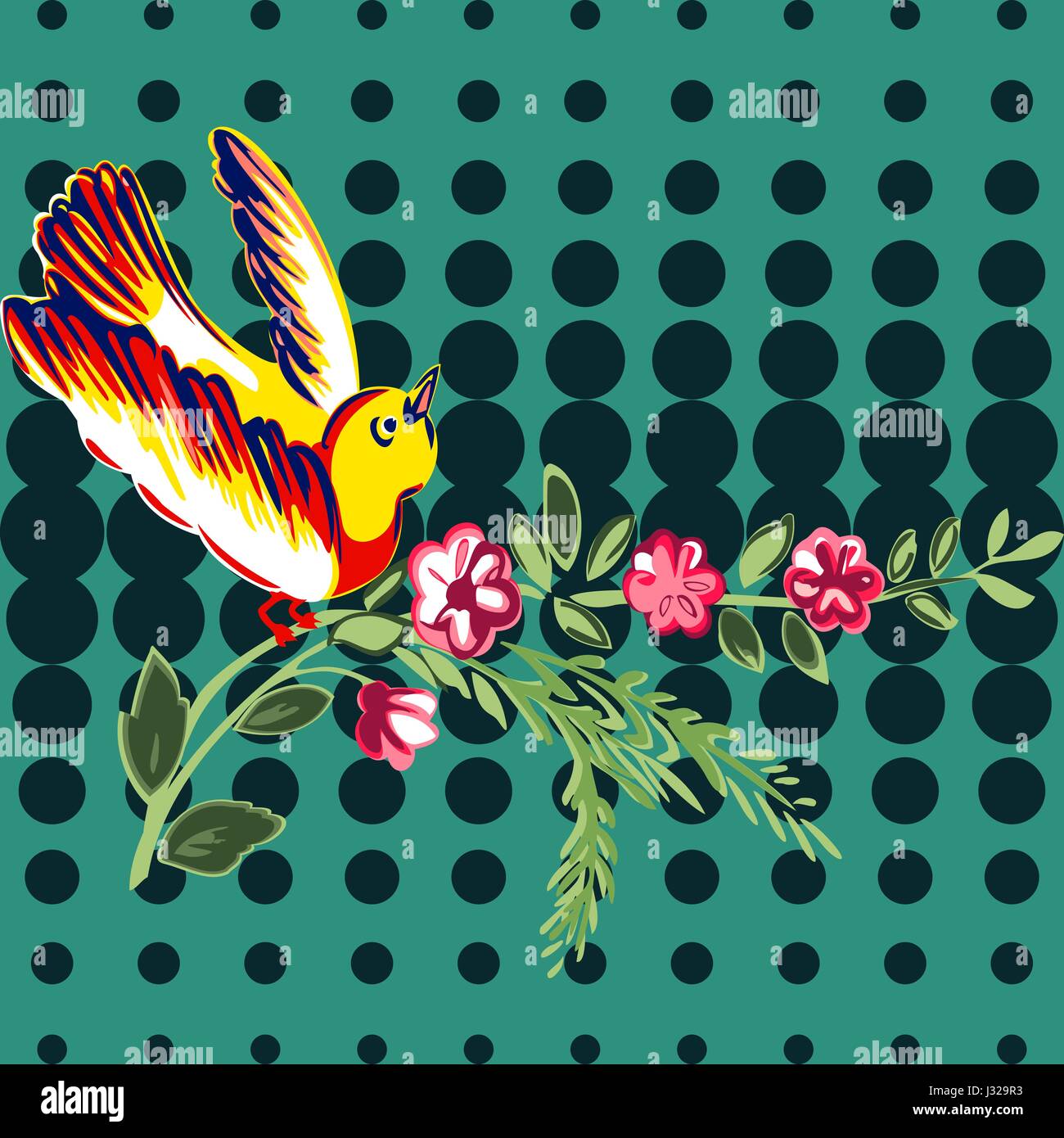 Vol d'oiseaux à la main avec des fleurs tropicales roses vintage print, points de demi-tons tendance rétro arrière vector illustration pour le design, la mode, shir Illustration de Vecteur