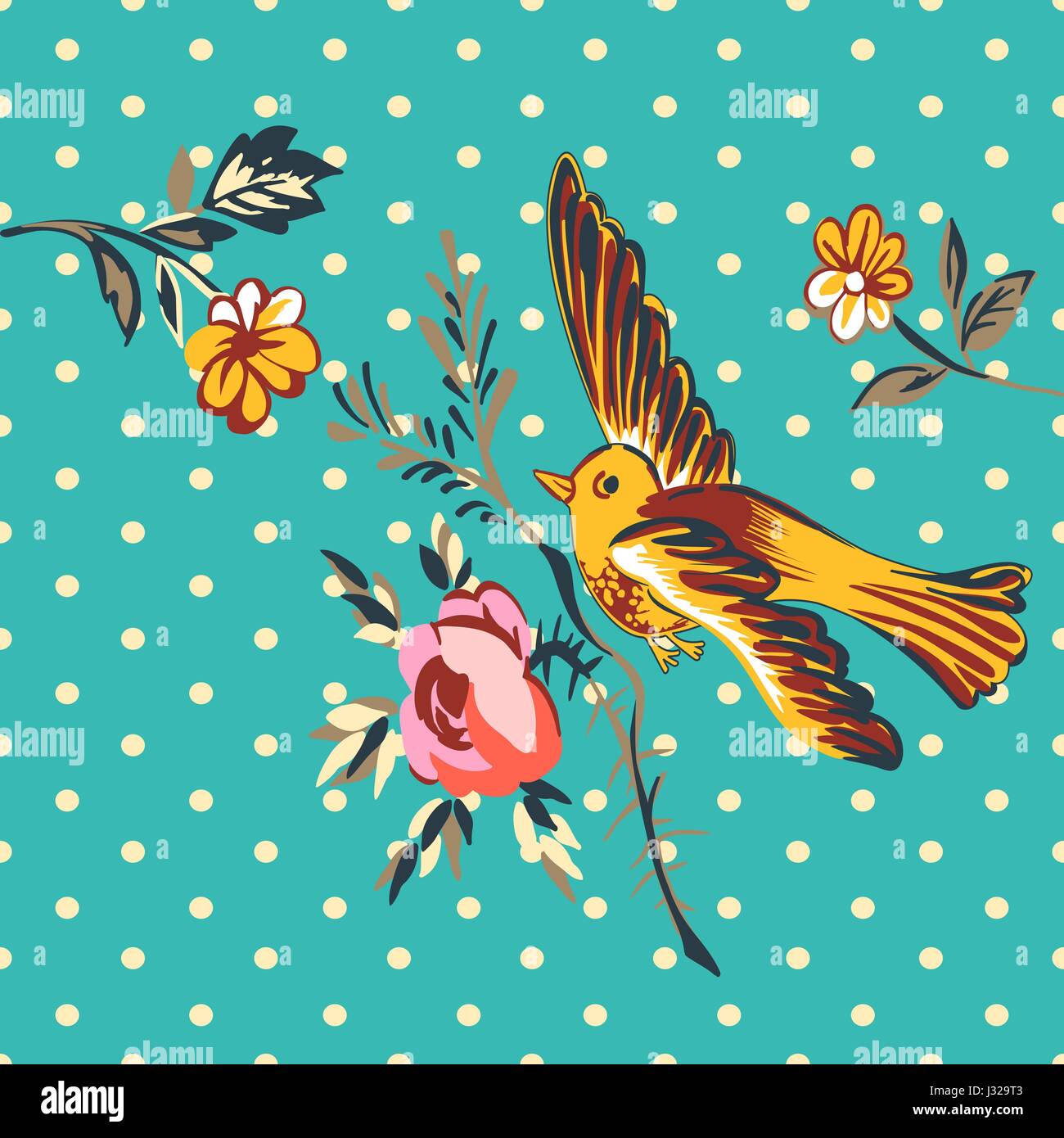 Vol d'oiseaux à la main avec des fleurs tropicales roses vintage print, points de demi-tons tendance rétro arrière vector illustration pour le design, la mode, shir Illustration de Vecteur