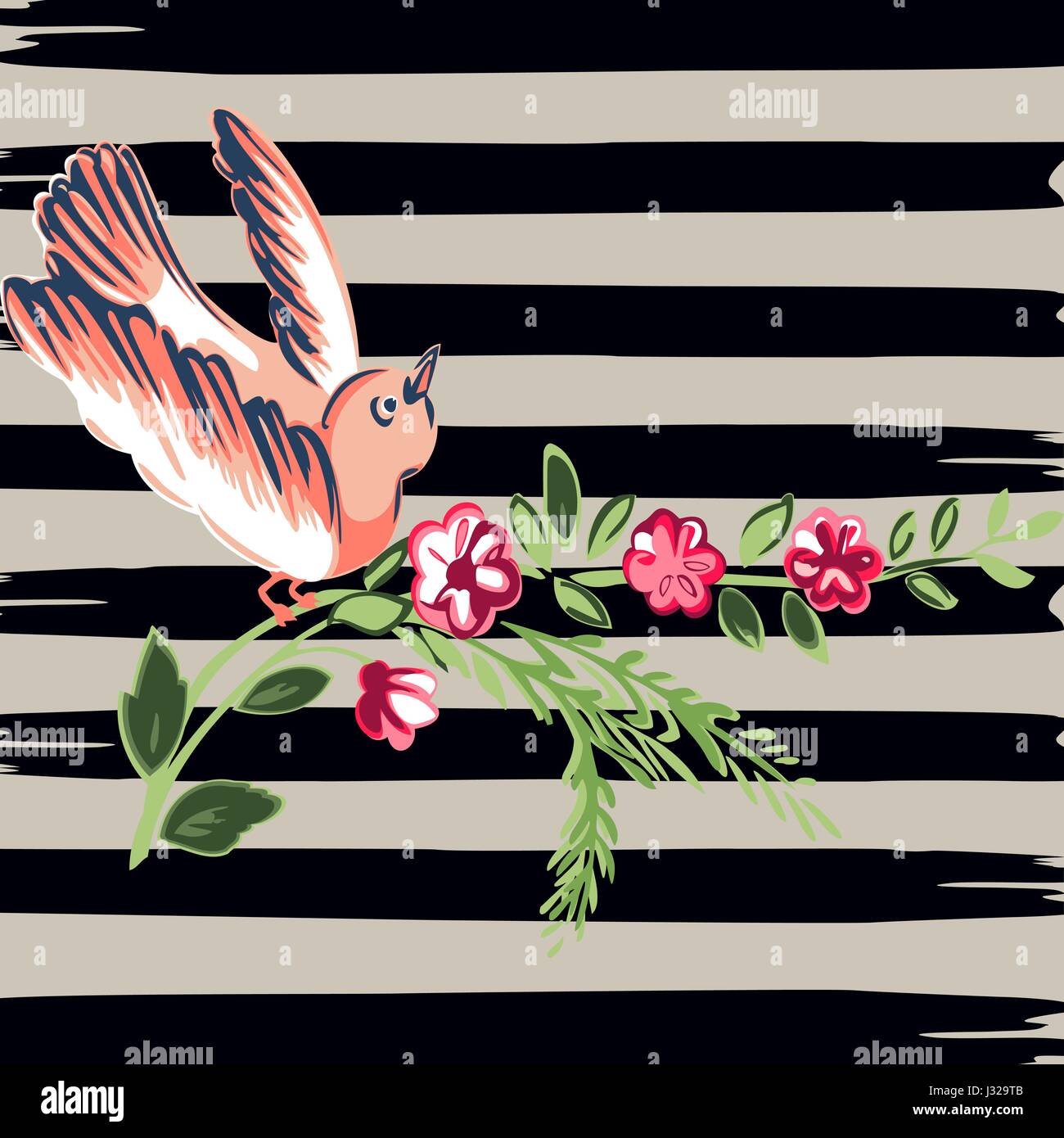 Vol d'oiseaux à la main avec des fleurs tropicales roses vintage print rayures, rétro arrière vector illustration pour le design, la mode, chemise, texte Illustration de Vecteur