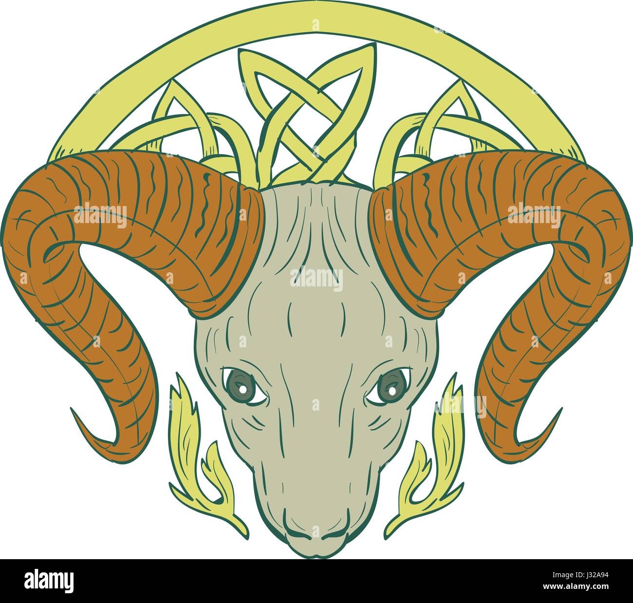 Illustration de la chèvre de montagne mouflon ram stylisé tête avec noeud celtique, appelé Icovellavna, fuseaux en travail ou tissé dans attachées par cordon ininterrompu design v Illustration de Vecteur