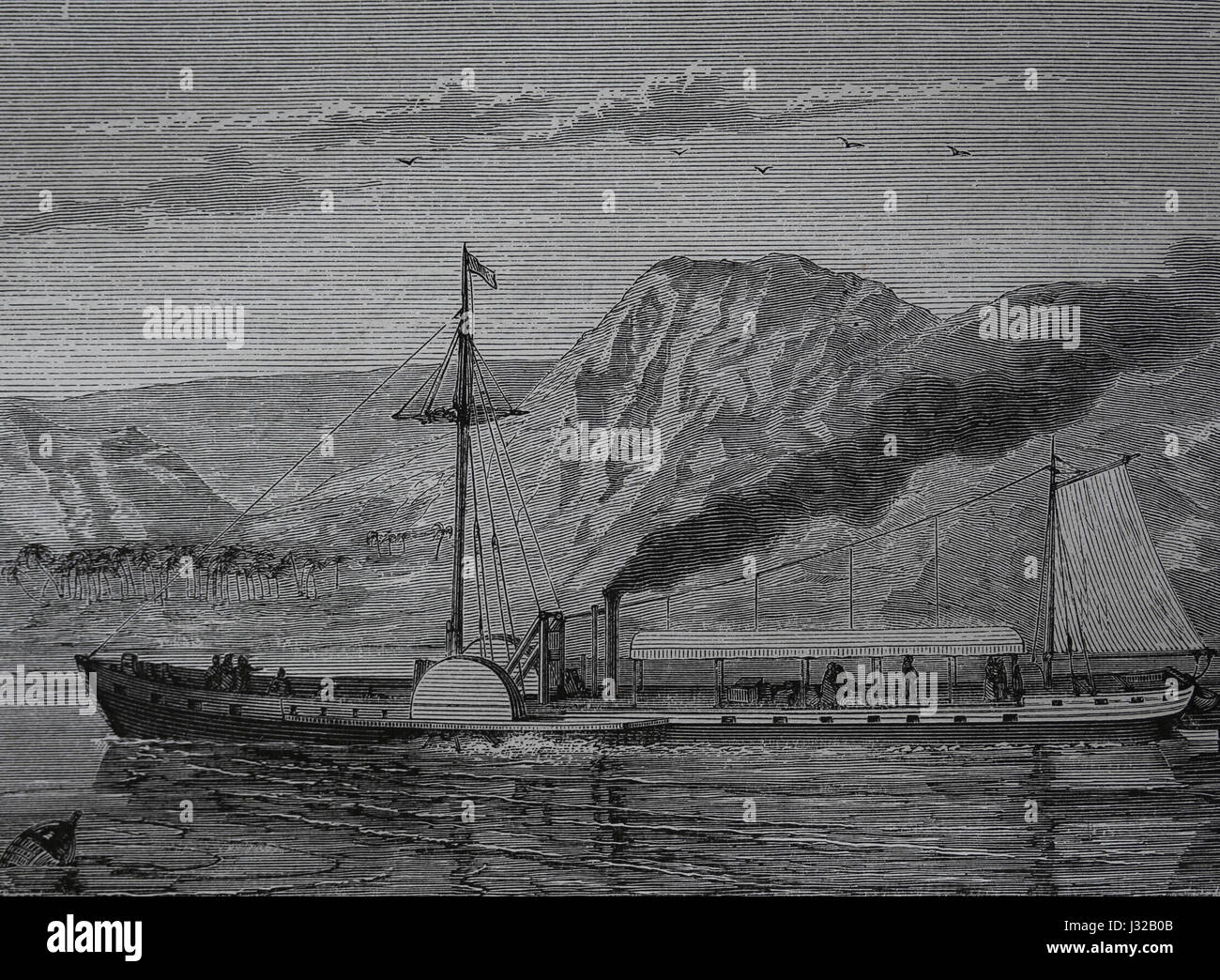 1ère steamboat par ingénieur Américain Robert Fulton (1765-1815). Gravure, 1883.La gravure. Nuestro Siglo, 1883. Edition espagnol. Banque D'Images