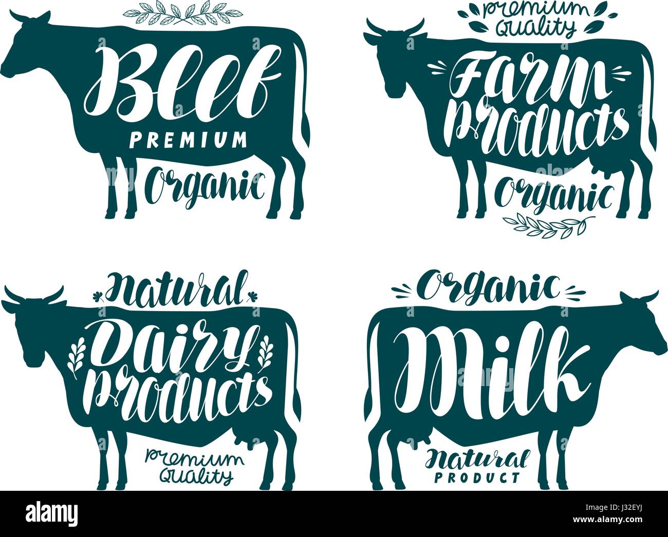 La vache, le jeu d'étiquettes. Le lait, le bœuf, les produits laitiers, la viande, l'icône de batterie ou d'un logo. Le lettrage, calligraphie vector illustration Illustration de Vecteur