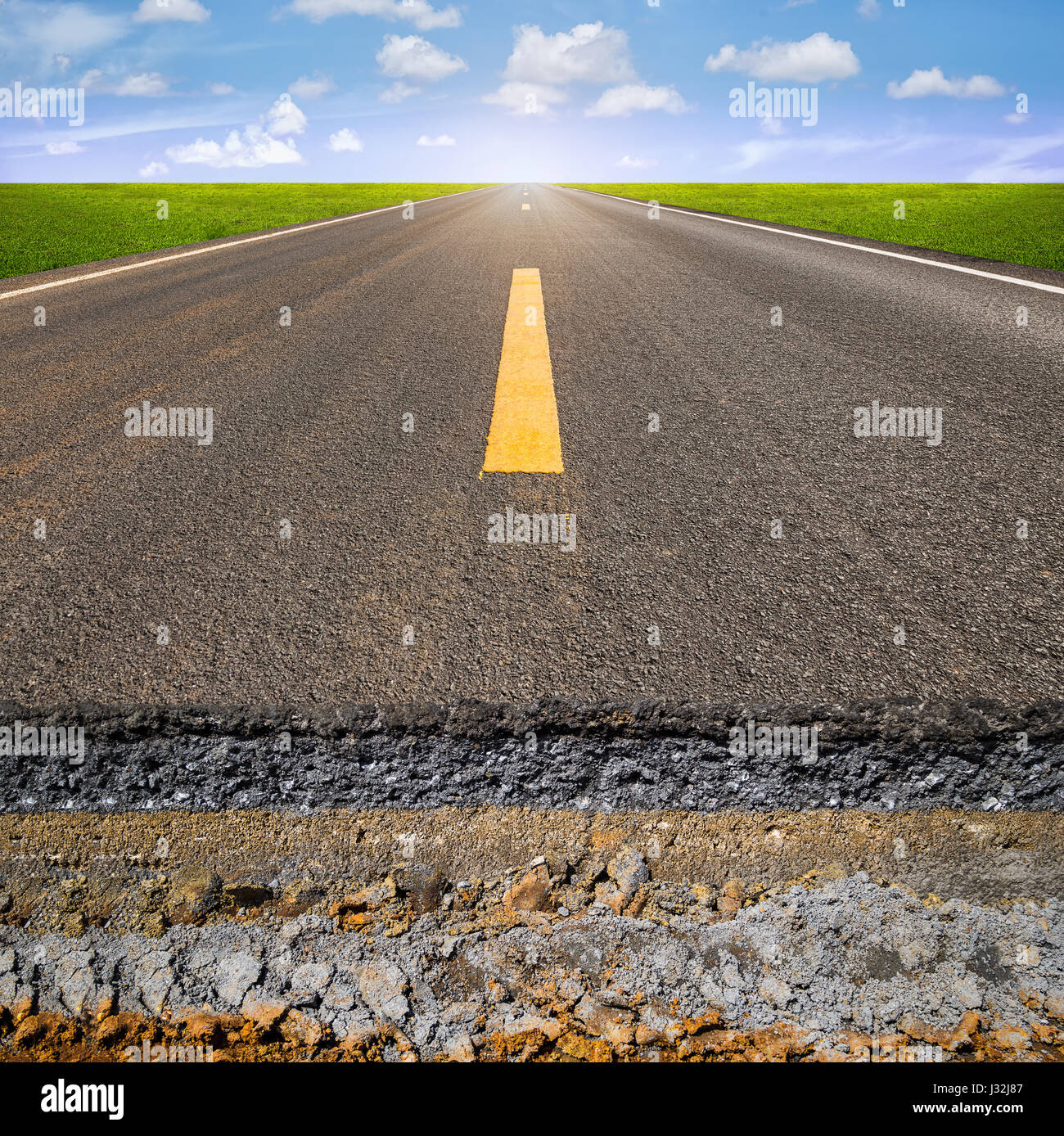 Section transversale et couche d'asphalte road, vue en perspective. Banque D'Images