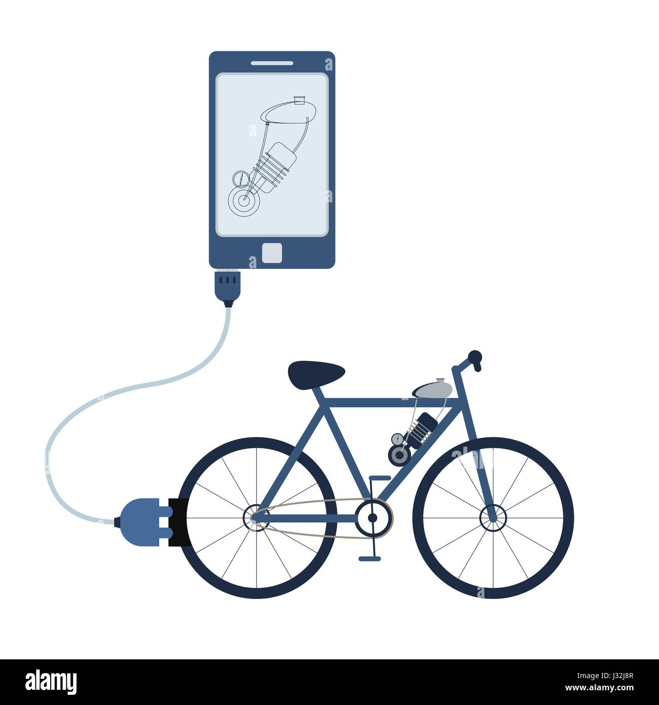 Vélo électrique connecté à un téléphone portable via un câble USB. Contours du moteur étant indiqué sur le moniteur mobile. Modèle plat. Isolées. Illustration de Vecteur