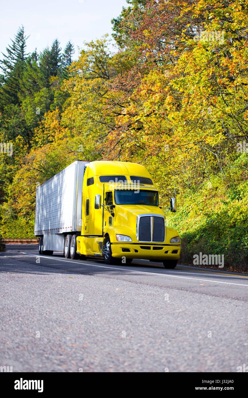 Jaune vif populaire moderne et confortable semi-camion avec une remorque de réfrigérateur pour le transport de denrées périssables pour long courrier Banque D'Images