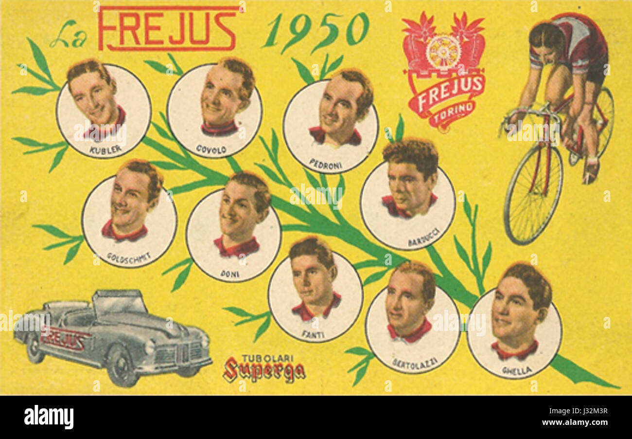 L'équipe cycliste de Fréjus était une équipe professionnelle de premier plan dans les années 1950, connue pour sa participation à des compétitions majeures, dont le Tour de France. Cette équipe a contribué à façonner le paysage du cyclisme dans la période d'après-guerre. Banque D'Images